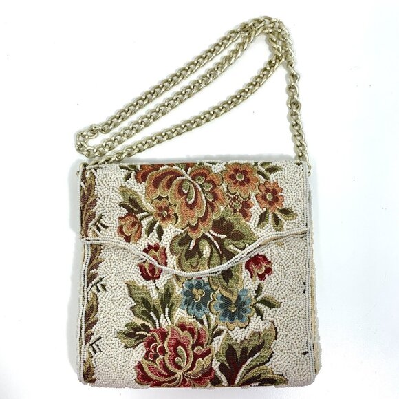 Stunning Embellished White Seed Beaded Tapestry Shoulder Handbag Chain Strap VTG - Picture 1 of 14
